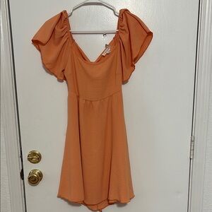 See You Monday Orange Flutter Sleeve V-Neck Mini Dress